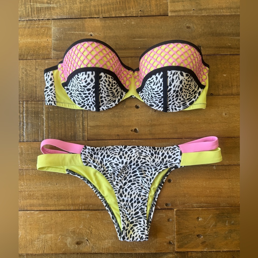 80’s inspired Stylish Pink and Yellow Women's Bikini Set